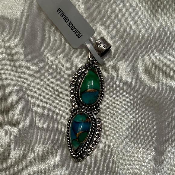 Sterling Silver Peacock Dahlia double stone stamped pendant - Picture 3 of 5